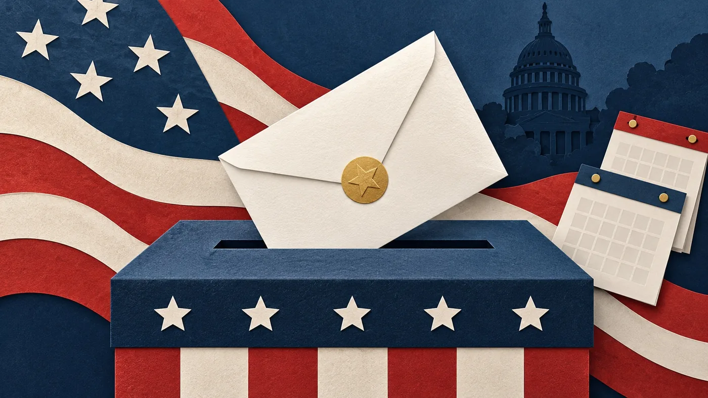 Mail ballot envelope entering a ballot box beside symbolic calendar pages — editorial illustration
