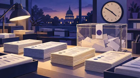 Ballot stacks, ballot box and clock representing the count over time — editorial illustration