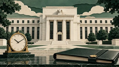 Central bank facade, clock and policy folder representing a monetary policy meeting — editorial illustration