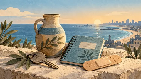 House key, water vessel, school notebook and bandage beside a symbolic coastal skyline — editorial illustration