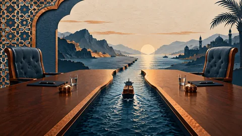 Empty diplomatic chairs separated by a maritime channel and merchant ships — editorial illustration
