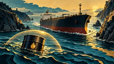 Oil tanker in a narrow channel with a barrel symbolizing maritime energy risk — editorial illustration