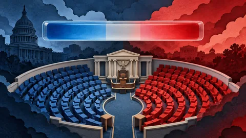 Symbolic congressional seats and an unnumbered polling bar — editorial illustration