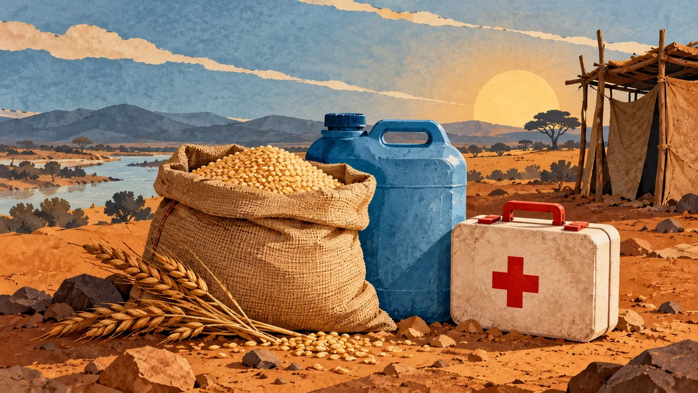 Grain, water and medical supplies representing Sudan’s connected humanitarian needs — editorial illustration