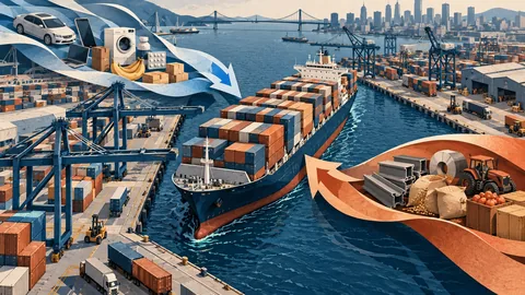 Container ship and port representing imports, exports and trade flows — editorial illustration