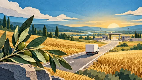 Symbolic humanitarian aid road through fields with an olive branch — editorial illustration