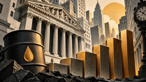 Financial district, oil barrel and rising metal steps symbolizing financing costs — editorial illustration